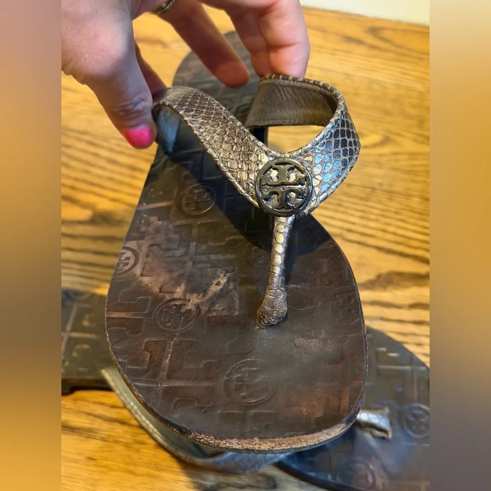 Tory Burch Bronze/Silver Metallic Silver Snakeskin Flip Flops